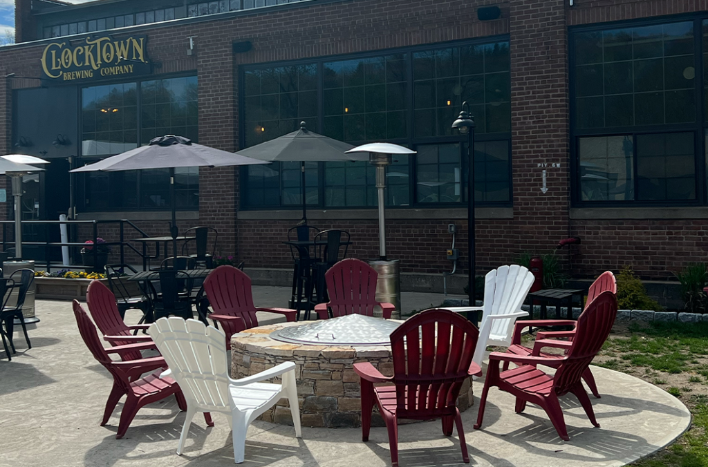 Chairs on the outdoor patio at Clocktown Brewing Company
